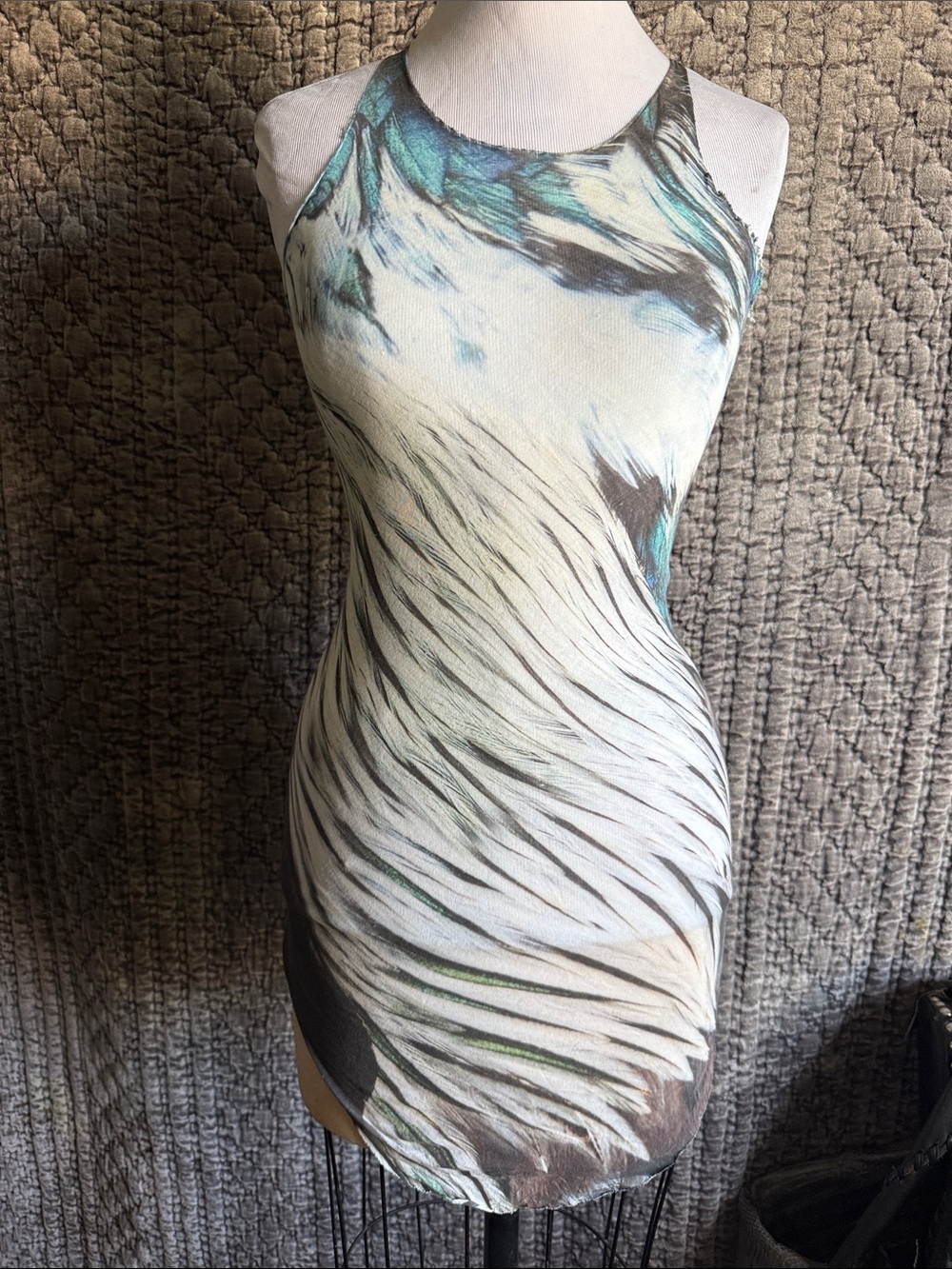 Sleeveless Marble-Print Mini Dress in Teal, White & Brown 100%Strech Cotton